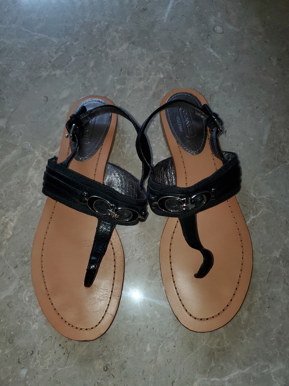 Coach Black Leather T-Strap Sandals with Silver Hardware